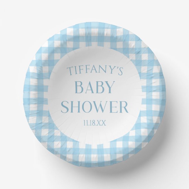 Minimal Minimalist Blue Plaid Baby Shower Paper Plate (Front)