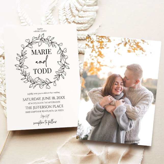 Minimal Minimalist Branch and Leaf Wreath Wedding Invitation (Creator Uploaded)