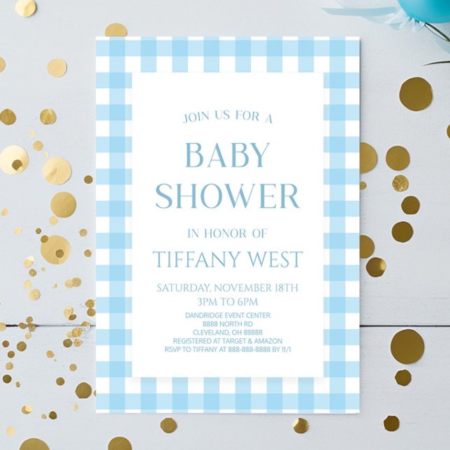 Minimal Minimalist Modern Blue Plaid Baby Shower Invitation (Creator Uploaded)