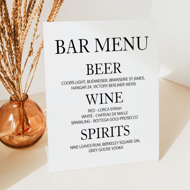 Minimal Minimalist Plain Simple Wedding Bar Menu Pedestal Sign (Creator Uploaded)
