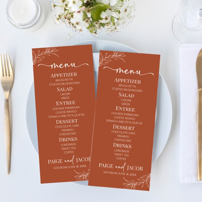 Minimal Minimalist Terracotta Branch Leaf Wedding Menu (Creator Uploaded)
