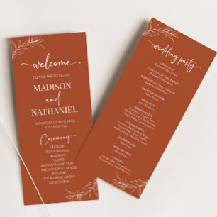 Minimal Minimalist Terracotta Branch Leaf Wedding Programme