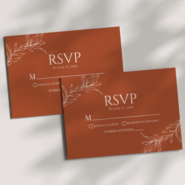 Minimal Minimalist Terracotta Branch Leaf Wedding RSVP Card (Creator Uploaded)