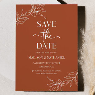 Minimal Minimalist Terracotta Branch Leaf Wedding Save The Date