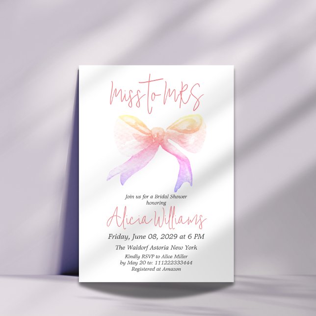 Minimal Miss to MRS Ribbon Pink Bow Bridal Shower Invitation (Creator Uploaded)
