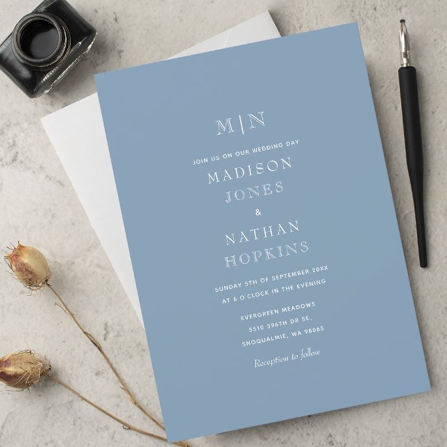 Minimal Misty Blue Monogram Wedding  Invitation (Creator Uploaded)
