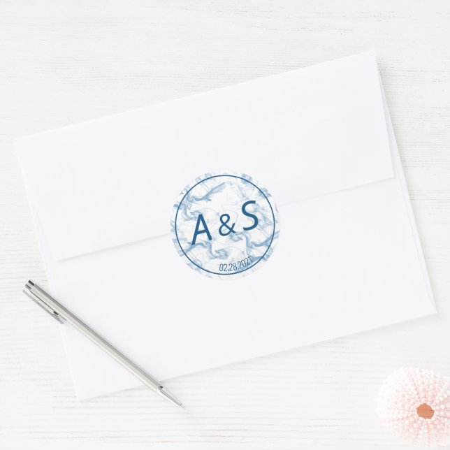 Minimal Misty Blue Smoke Initials Date Wedding Classic Round Sticker (Envelope)