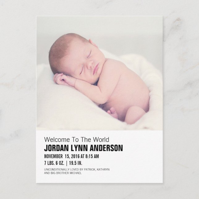 Minimal Mod Baby Photo Birth Announcement Postcard (Front)