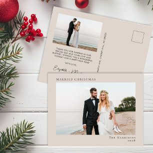 Minimal Modern 2 Photo Married Christmas Taupe Holiday Postcard