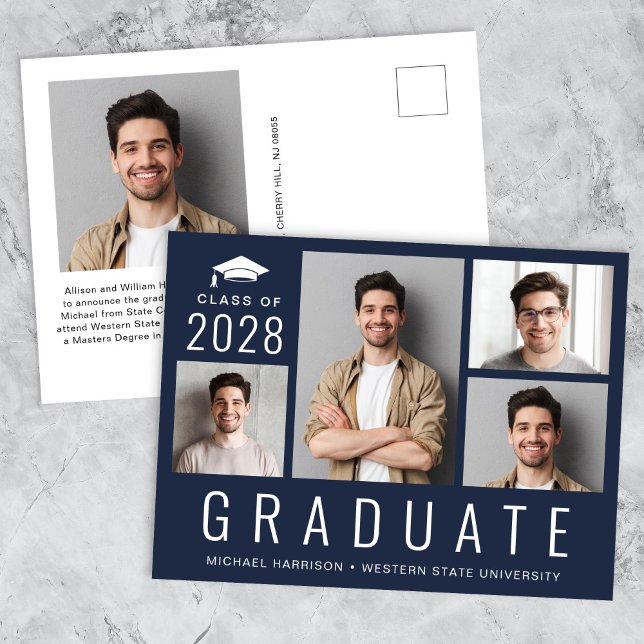 Minimal Modern 5 Photo Collage Blue Graduation Announcement Postcard (Minimal Modern 5 Photo Collage Blue Graduation Announcement Postcard)