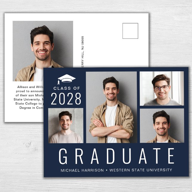 Minimal Modern 5 Photo Collage Blue Graduation Announcement Postcard (Creator Uploaded)