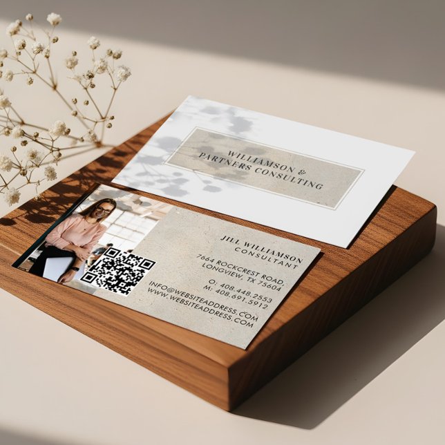 Minimal Modern Beige Stone texture Photo QR Code Business Card (Minimal Modern Beige Stone texture Photo QR Code Business Card)