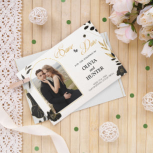 Minimal Modern Black and White, Gold Floral Photo Save The Date