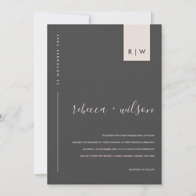 MINIMAL MODERN BLACK BLUSH PINK TYPOGRAPHY WEDDING INVITATION (Front)