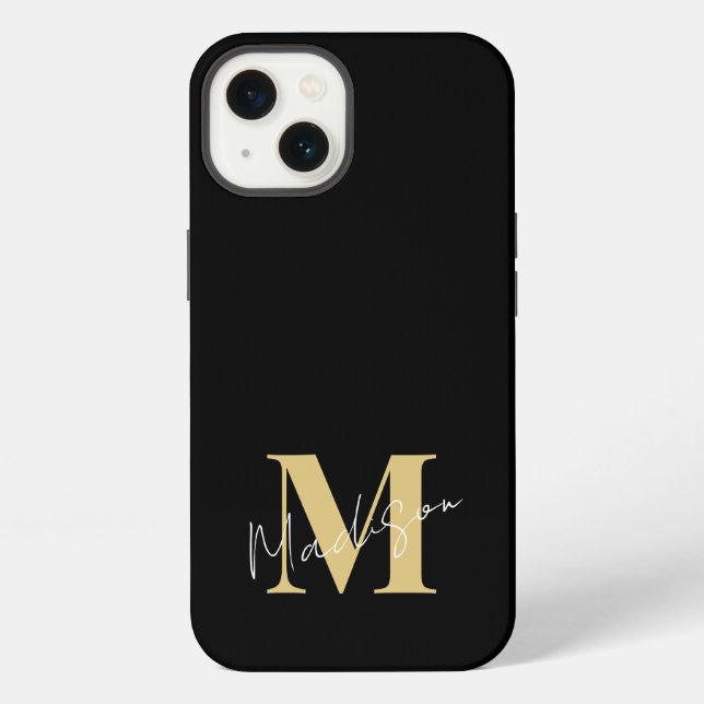 Minimal Modern Black Gold Initial Monogram iPhone Case (Back)