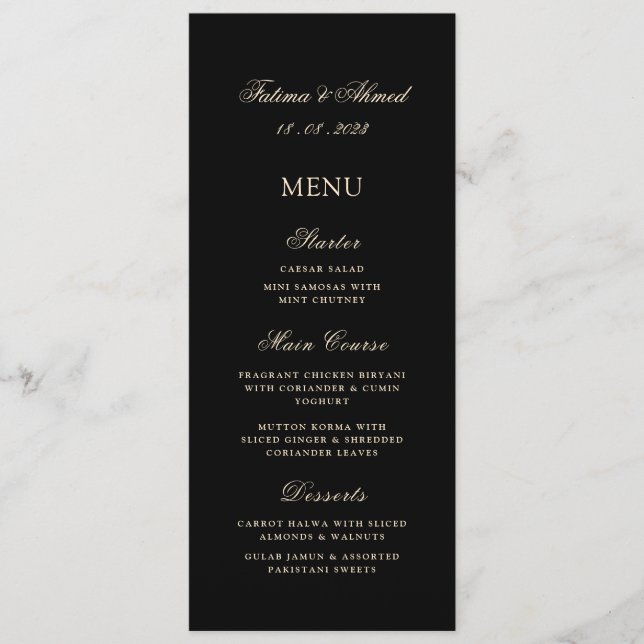 Minimal Modern Black Gold Muslim Wedding Table Menu (Front)