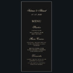Minimal Modern Black Gold Muslim Wedding Table Menu<br><div class="desc">Islamic Muslim Minimal Wedding Table Menu to put on the dinner table for the guests attending this special event. This card has a simple, formal black colour background with classic gold script calligraphy font written. You can personalise the names of the bride and groom, the date of the marriage or...</div>