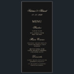 Minimal Modern Black Gold Muslim Wedding Table Menu<br><div class="desc">Islamic Muslim Minimal Wedding Table Menu to put on the dinner table for the guests attending this special event. This card has a simple, formal black colour background with classic gold script calligraphy font written. You can personalise the names of the bride and groom, the date of the marriage or...</div>