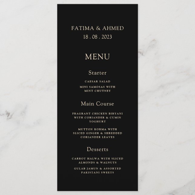 Minimal Modern Black Muslim Wedding Table Dinner Menu (Front)