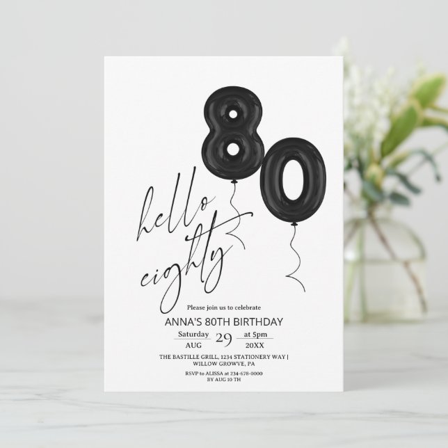 Minimal Modern Black White 80th Birthday Invitation (Standing Front)