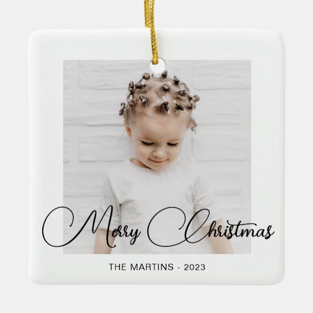 Minimal Modern Black White Christmas Photo Ceramic Ornament (Front)