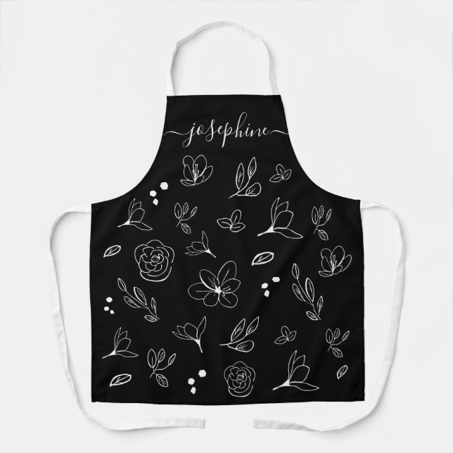 Minimal Modern Black White Floral personalised Apron (Front)