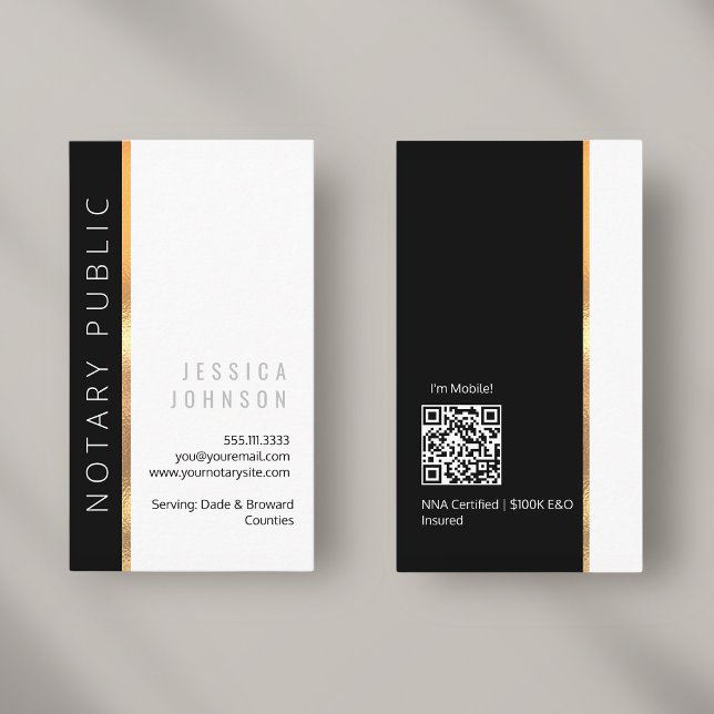 Minimal Modern Black & White Gold Custom Notary  Business Card (Creator Uploaded)