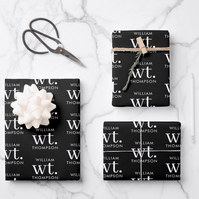 Minimal Modern Black & White Monogrammed Name Wrapping Paper Sheet (Front)