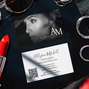 Minimal Modern Black White Photo QR Photography Business Card