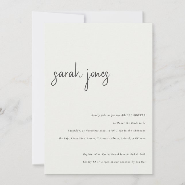 Minimal Modern Black White Script Bridal Shower Invitation (Front)