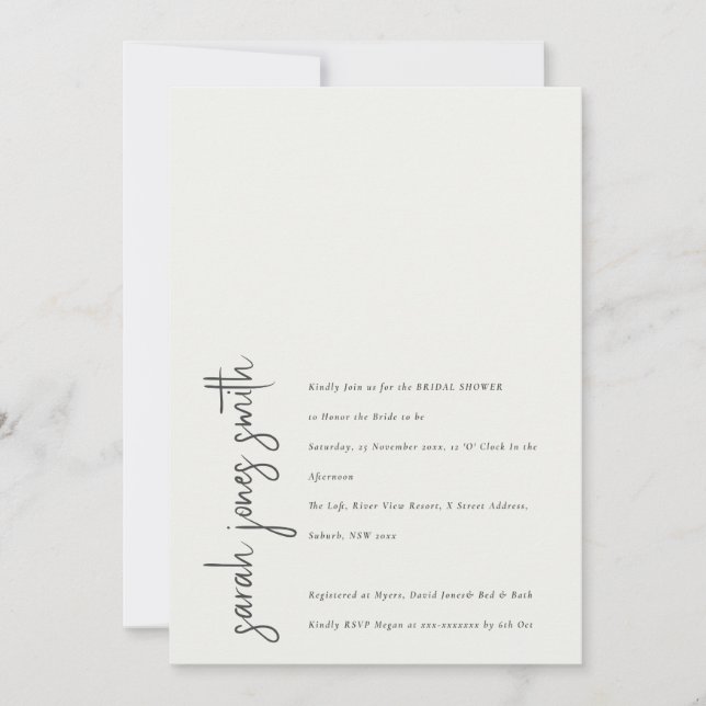 Minimal Modern Black White Script Bridal Shower Invitation (Front)