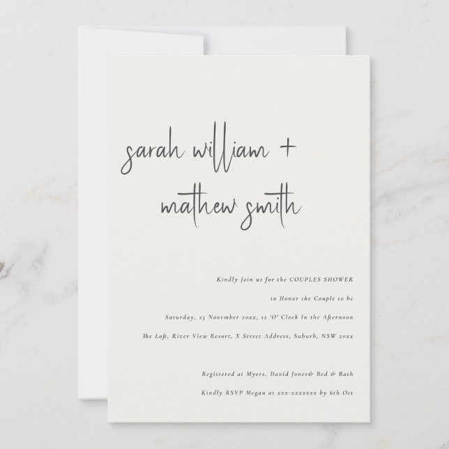 Minimal Modern Black White Script Couples Shower Invitation (Front)