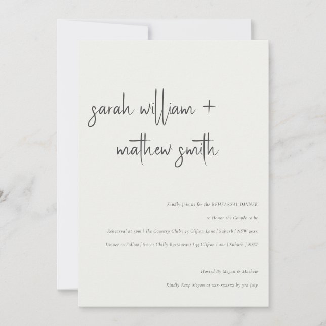 Minimal Modern Black White Script Rehearsal Dinner Invitation (Front)