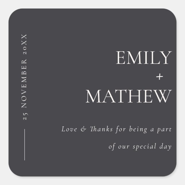 MINIMAL MODERN BLACK & WHITE TYPOGRAPHY WEDDING SQUARE STICKER (Front)