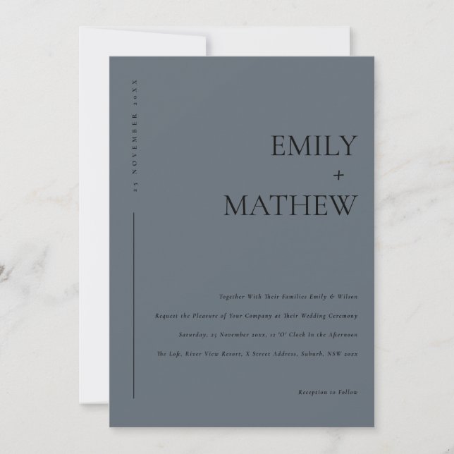 MINIMAL MODERN BLUE GREY RUST TYPOGRAPHY WEDDING INVITATION (Front)