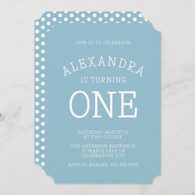 Minimal Modern Blue Polka Dot First Birthday Invitation (Front/Back)
