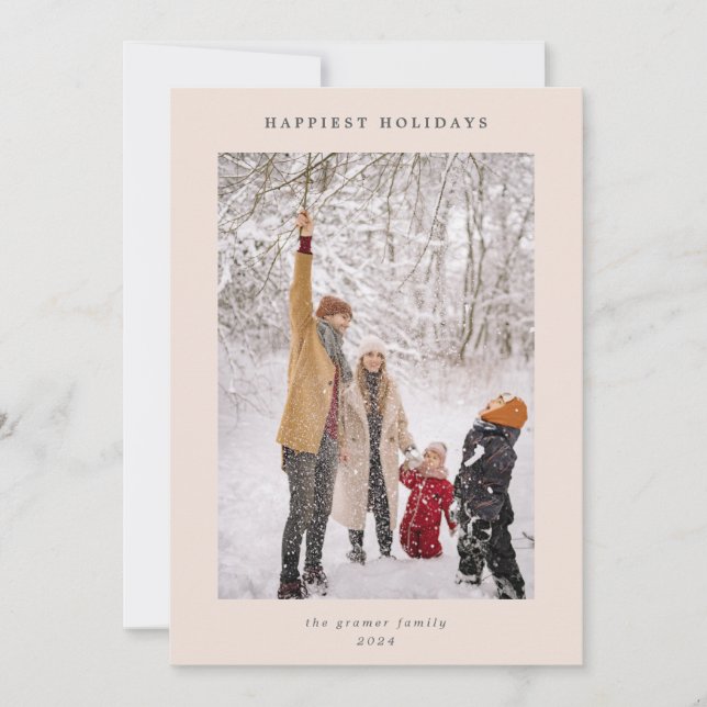 Minimal Modern Blush Grey Happiest Holidays Photo Holiday Card (Front)