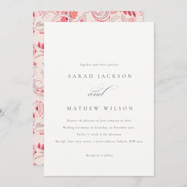 Minimal Modern Blush Paisley Typography Wedding Invitation (Front/Back)