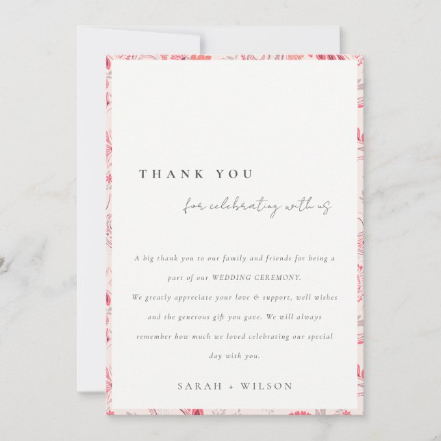 Minimal Modern Blush Paisley Typography Wedding Thank You Card (Front)
