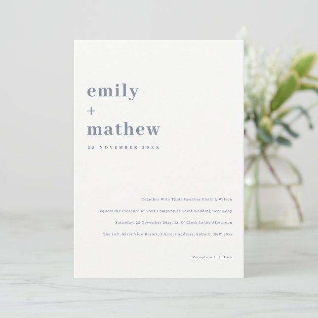 Minimal Modern Bold Grey Blue Typography Wedding Invitation (Standing Front)