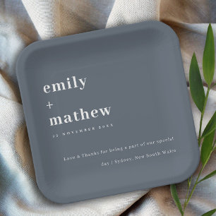 Minimal Modern Bold Grey Blue Typography Wedding Paper Plate