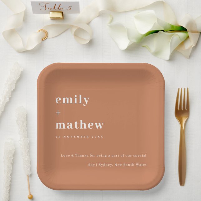 Minimal Modern Bold Rust Orange Typography Wedding Paper Plate (Wedding)
