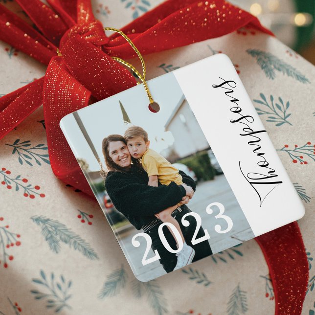 Minimal Modern Bold Year Family Name Script Photos Ceramic Ornament (Minimal Modern Bold Year Family Name Script Photos Ceramic Ornament)