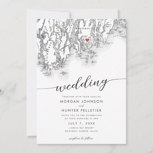Minimal Modern Boothbay Harbour Maine Map Wedding Invitation (Front)