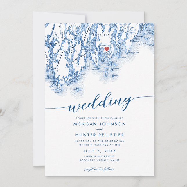 Minimal Modern Boothbay Harbour Maine Map Wedding Invitation (Front)