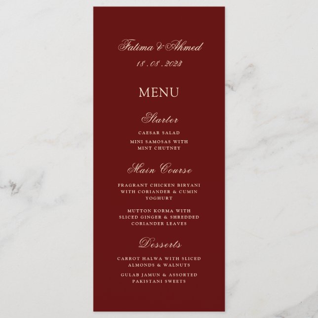 Minimal Modern Burgundy Gold Muslim Wedding Table Menu (Front)