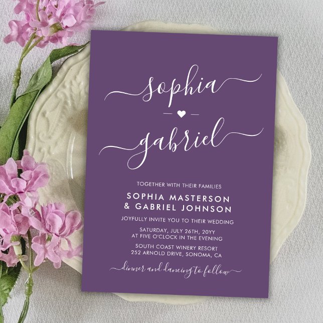 Minimal Modern Calligraphy Purple Monogram Wedding Invitation (Creator Uploaded)