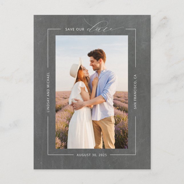 Minimal Modern Chalkboard Save the Date Photo Announcement Postcard (Front)