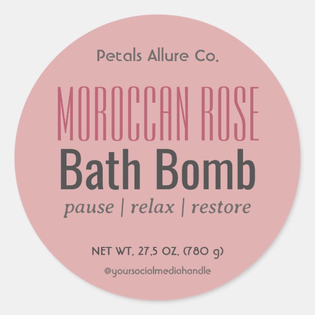 Minimal Modern Dusky Pink Bath Bomb Round Label (Front)