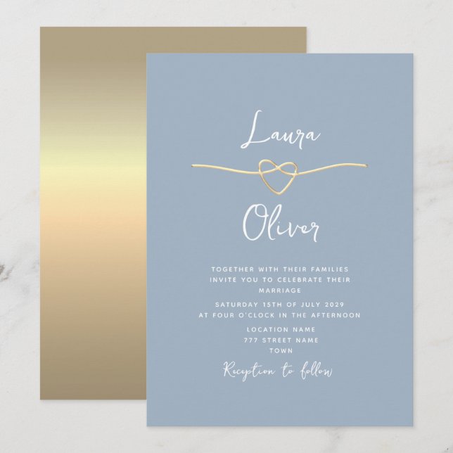 Minimal Modern Dusty Blue Gold Wedding Invitation (Front/Back)